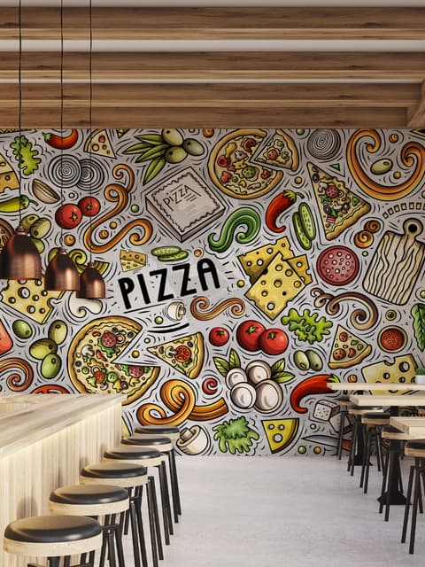 Papier peint panoramique de dessins animés sur la restauration rapide et les pizzas