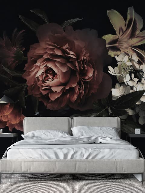 Dark Floral Bouquet with Red Peony and Lily Wallpaper Mural