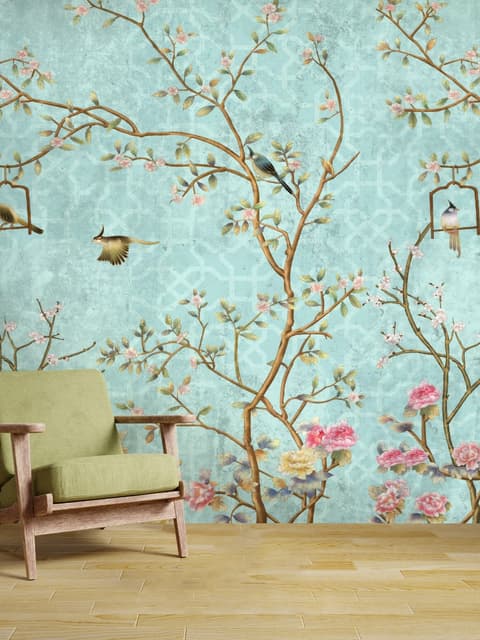 Vintage Little Floral and Birds Wallpaper Mural
