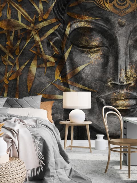 3D Look Concrete Buddha Face and Leaves Wallpaper Mural