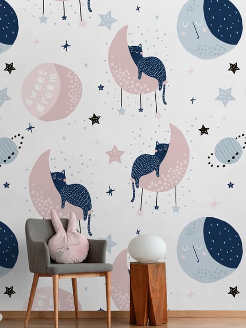 Papier peint panoramique chat mignon dormant sur lune
