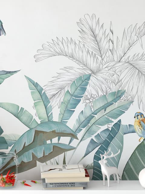 Papier peint panoramique de feuilles vertes et tropicales
