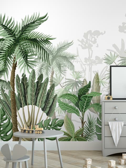 Tropical Cartoon Palm Tree and Banana Leaves Wallpaper Mural