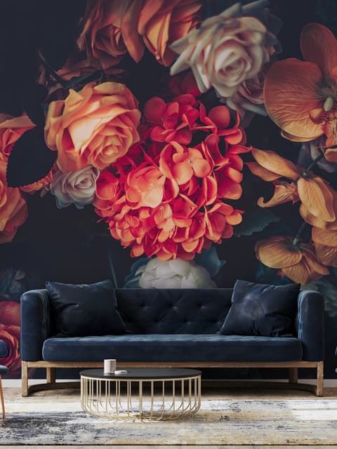 Rote Hortensie Orange Orchidee Rose Dunkles Blumenbouquet Fototapete