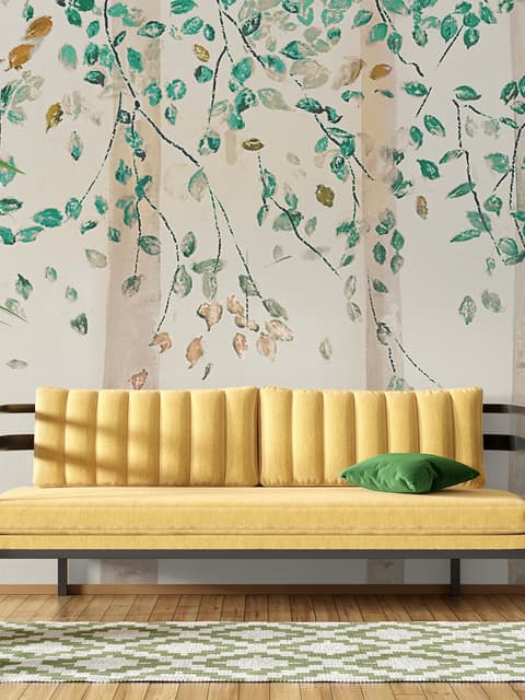 Watercolor Style Forest with Green Brown Little Leaves Wallpaper Mural