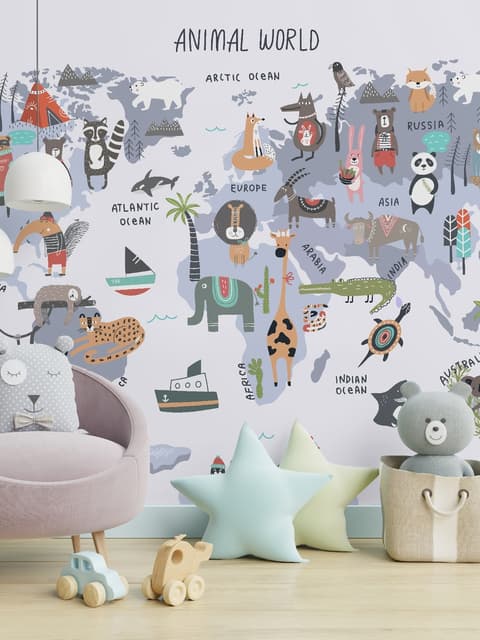 Papier peint panoramique pour enfants avec carte du monde et animaux de dessins animés