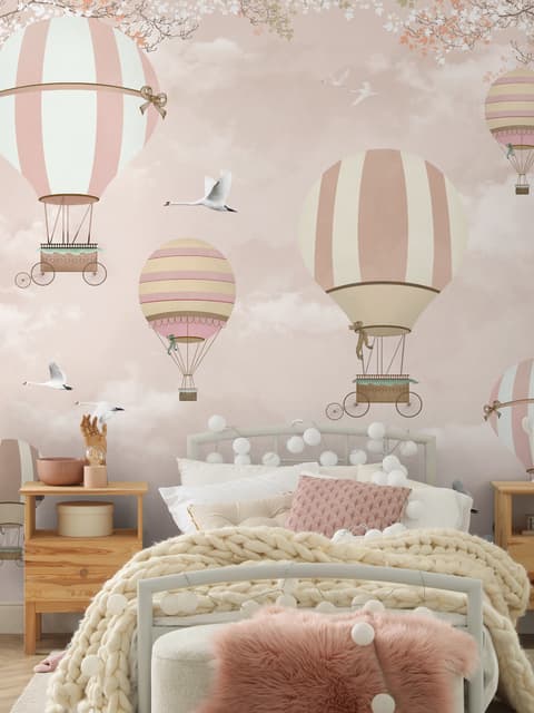 Papier peint montgolfière rose fleurs cerisier enfants