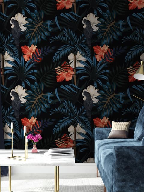 Papier peint feuilles exotiques oiseaux