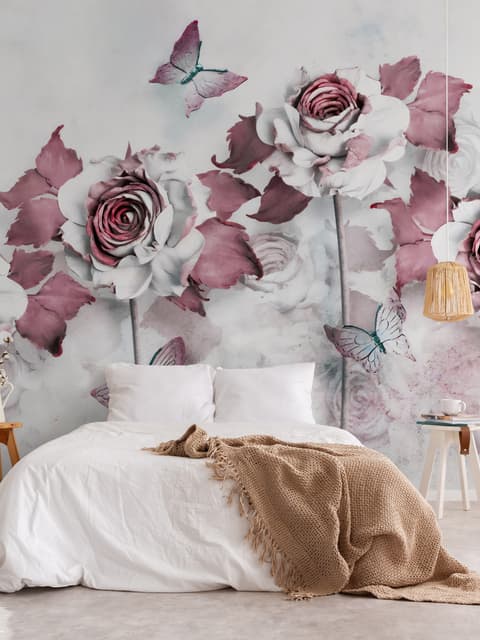 3D-Look Blumen mit kleinem Schmetterling Fototapete