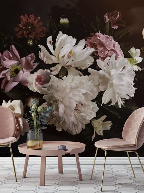 Papier peint bouquet floral de pivoines foncées