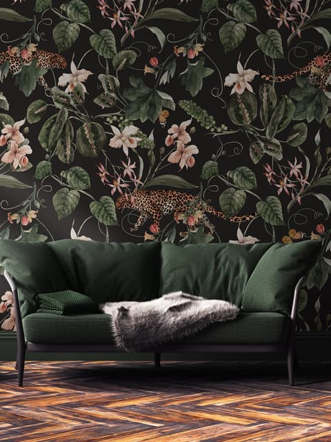 Watercolor Dark Tropical Art with Leopard Wallpaper Mural