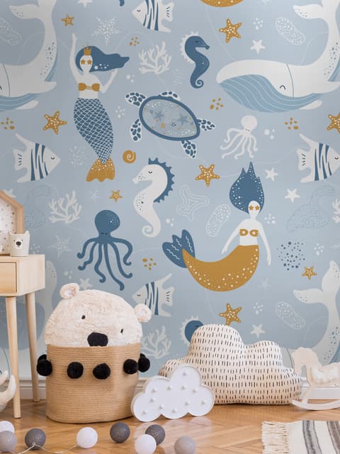 Papier peint panoramique de sirènes et d'animaux marins