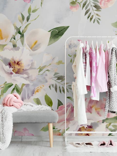 Watercolor White Pink Floral Bouquet Wallpaper Mural