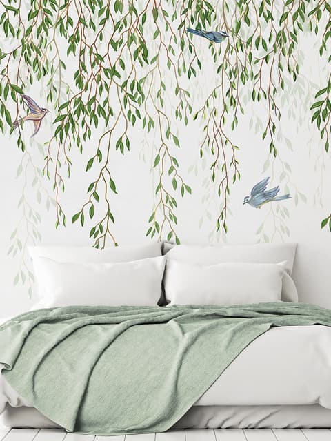 Green Hanging Leaves with Colorful Birds Wallpaper Mural