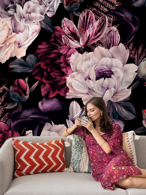 Dark Watercolor Colorful Peony Floral Wallpaper Mural