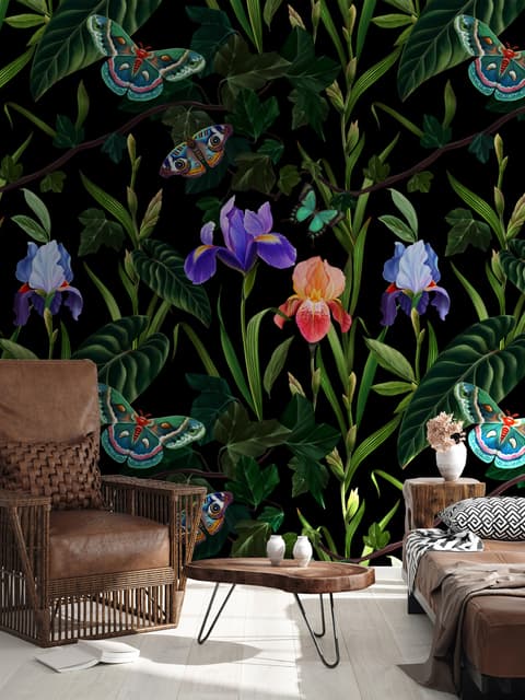 Dark Purple Flowers with Butterflies Wallpaper Mural