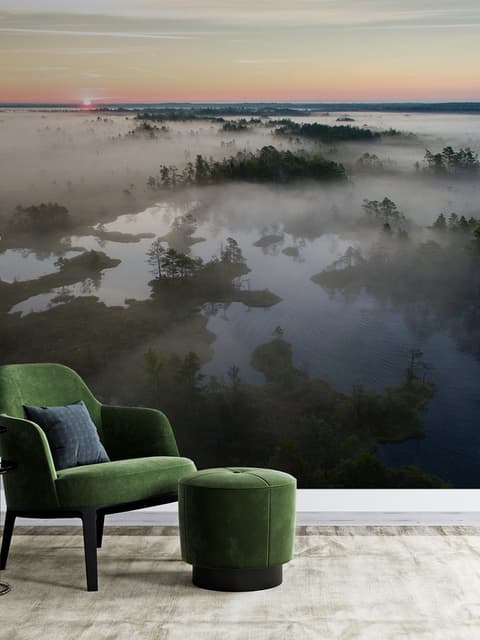 Papier peint paysage forêt rivière brumeuse