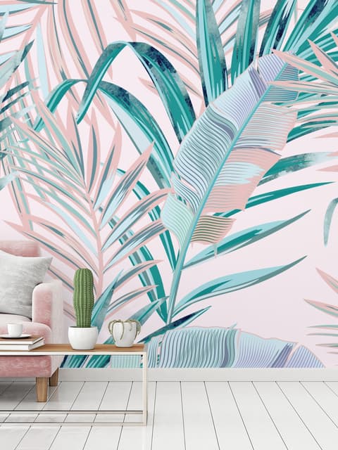 Tropical Pink Exotic Colorful Palm Leaf Wallpaper Mural