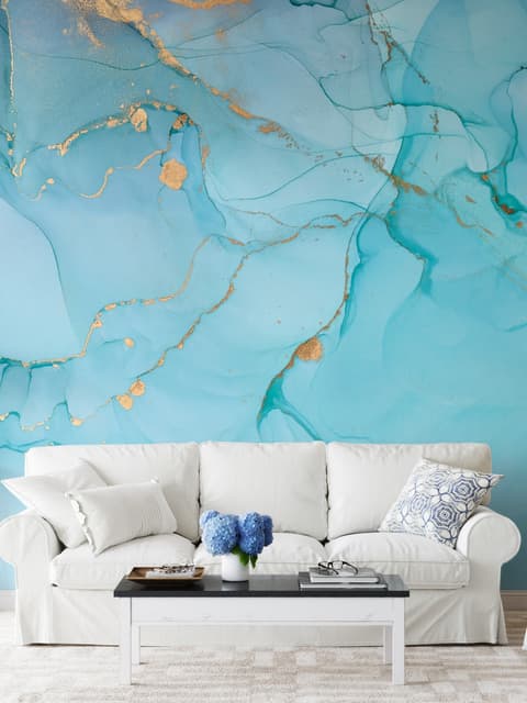 Light Blue Marble with Gold Look Splash Wallpaper Mural