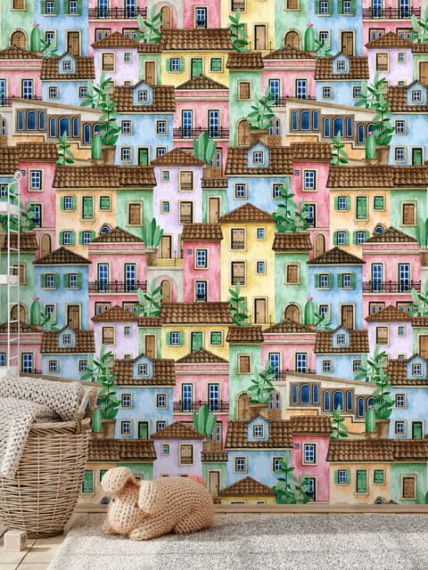 Papier peint panoramique maisons médiévales aquarelle avec plantes pour enfants