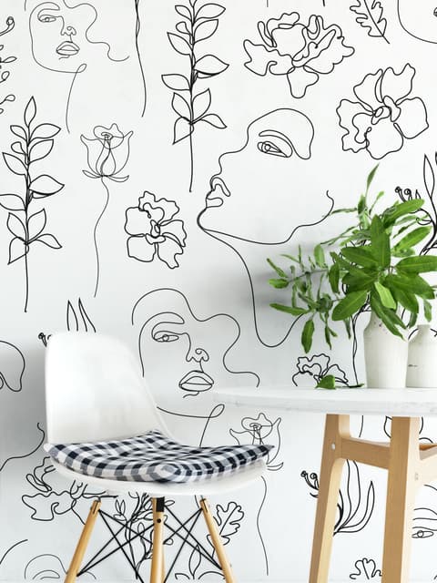 Soft Woman Face with Floral Drawing Line Art Wallpaper Mural