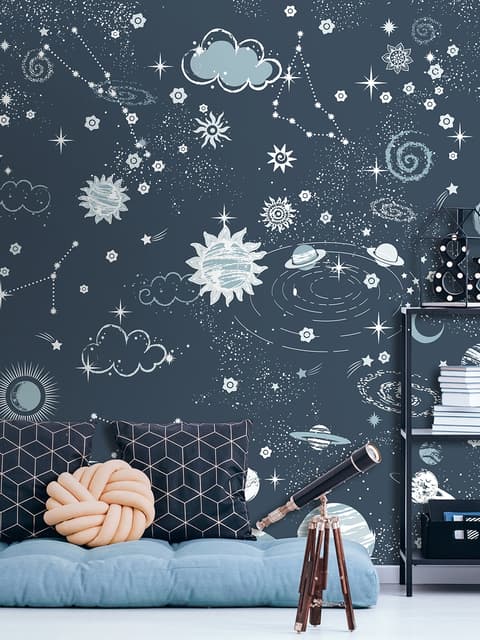 Dark Space Starry Sky with Blue Planets Wallpaper Mural