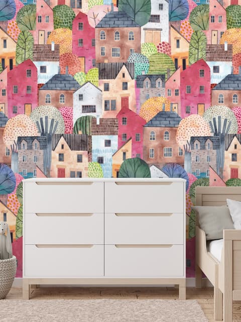 Kids Watercolor Cute Town House Wallpaper Mural