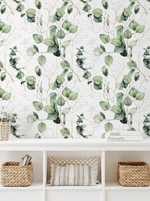 Papier peint aquarelle vert feuille d'eucalyptus