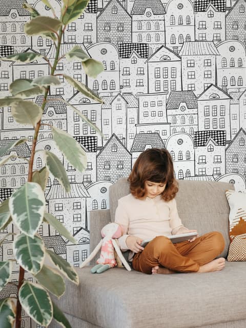 Kids Black and White Sketch House Wallpaper Mural