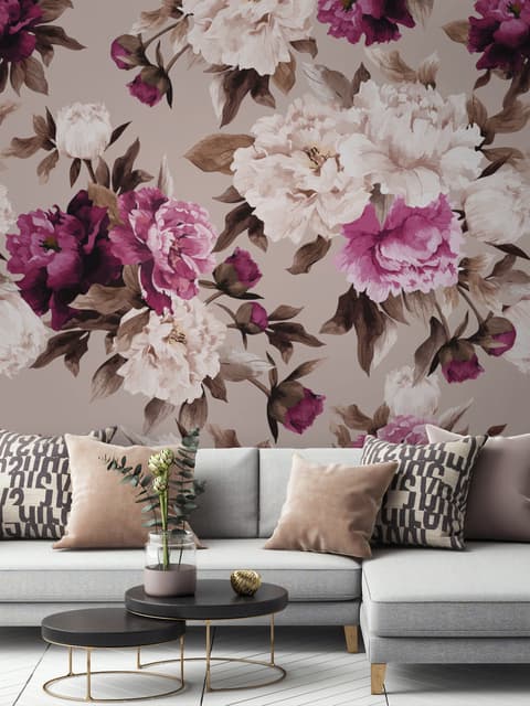 Cream Pink Peony Floral Pattern Wallpaper Mural