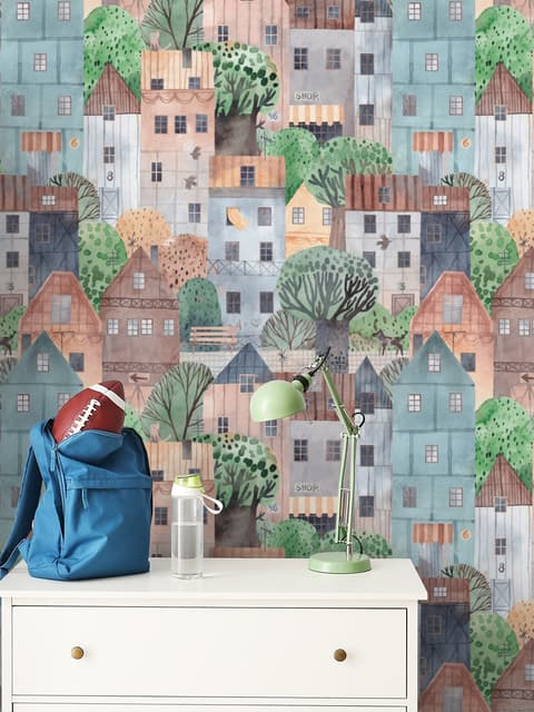 Papier peint aquarelle petite ville maisons enfants