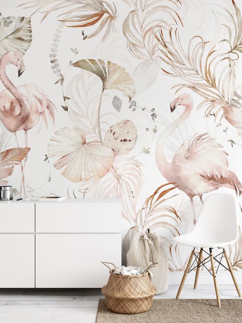 Soft Flamingo Art with Boho Tropical Leaf Wallpaper Mural