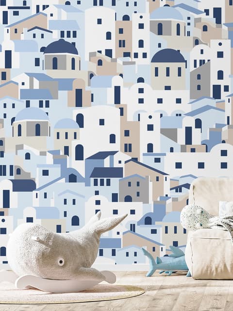 Cartoon Old Blue Greek House Wallpaper Mural