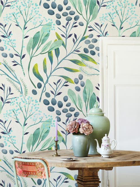 Papier peint branches feuilles vertes baies