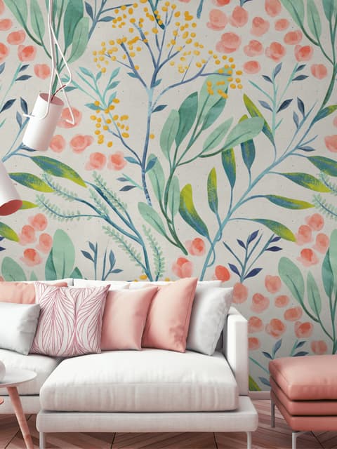Watercolor Vintage Florals with Botanical Leaves Wallpaper Mural