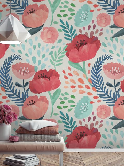 Watercolor Corn Poppy Floral Wallpaper Mural
