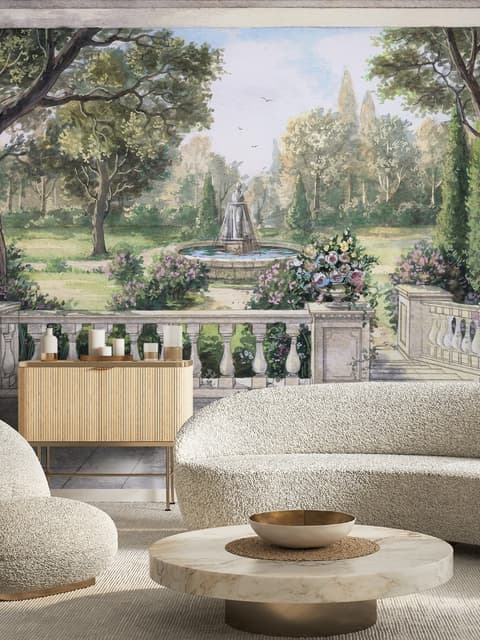 Soft Drawing Forest with Marble Fountain Wallpaper Mural