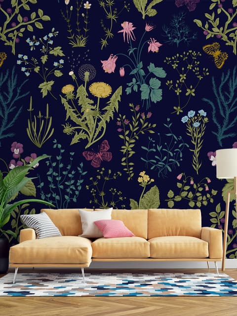 Little Herbs and Flowers on Dark Background Wallpaper Mural