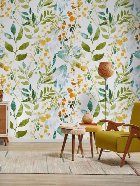 Colorful Watercolor Leaf & Plants Wallpaper Mural