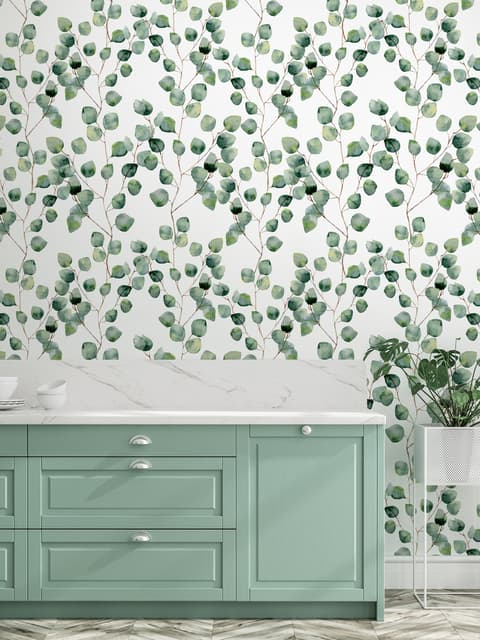 Papier peint panoramique avec motif de feuilles d'eucalyptus en aquarelle