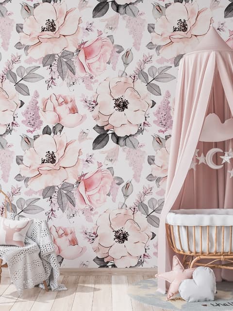 Kids Nursery Floral Pink Rose Pattern Wallpaper Mural