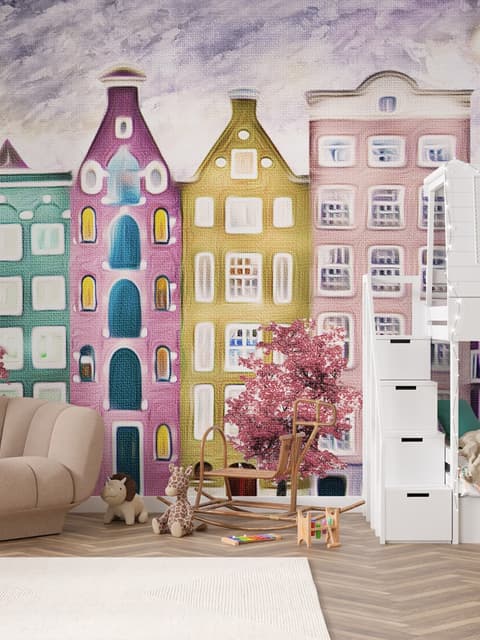 Papier peint panoramique maisons colorées arbres rouges style hollandais enfants