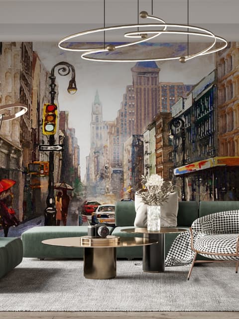 Oil Paintinging Style Street View of New York City Landscape Wallpaper Mural