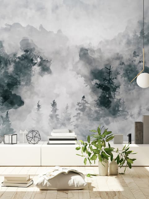 Watercolor Style Abstract Misty Dark Forest Wallpaper Mural