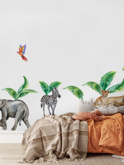 Kids Watercolor Safari Animals with Banana Leaves Wall Decal Sticker