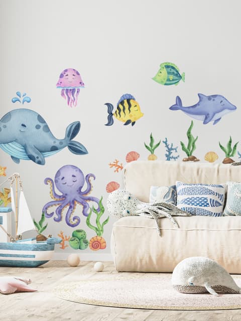 Sticker mural sous-marin bébé avec baleine mignonne et animaux marins