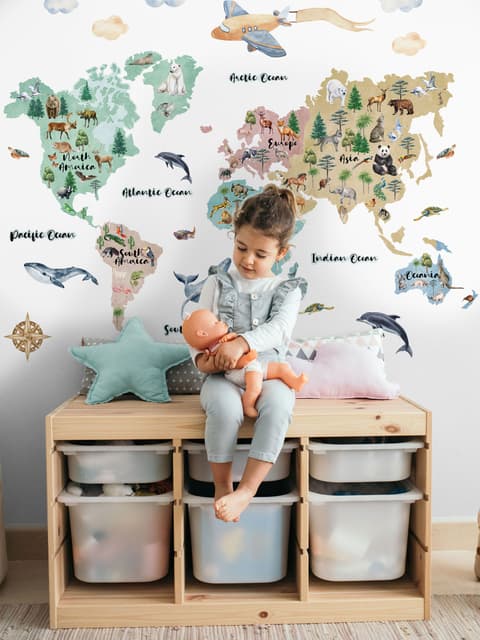 Kids Watercolor World Map Wall Decal Sticker