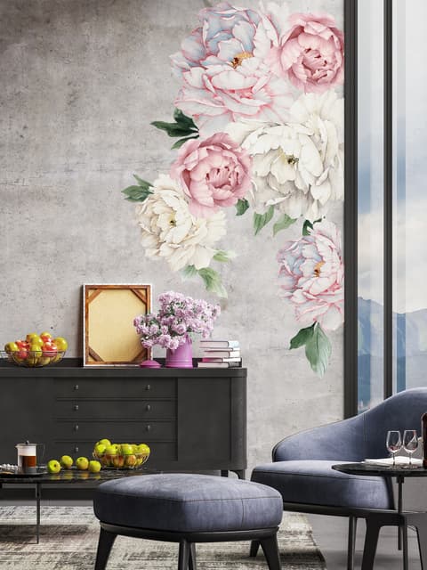Stickers muraux bouquet floral de pivoine rose et bleue