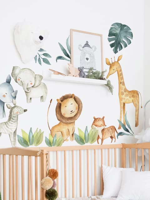 Kids Watercolor Safari Animals with Tropical Leaves Wall Decal Sticker