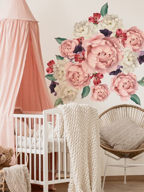 White Pink Peony Florals with Red Purple Tulips Wall Decal Sticker